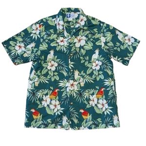 RJC Hawaiian Shirt Size Large Floral Print with Parrots ‎ (M291)